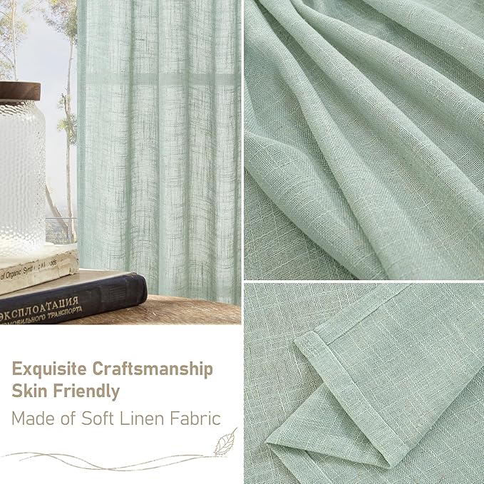 LAMIT Short Kitchen Linen Curtains 24 Inch Length for Small Windows, Semi Sheer Light Filtering Panels Back Tab and Rod Pocket Cafe Drapes for Half Window, Light Sage, 2 Panels, 34 x 24 Inch