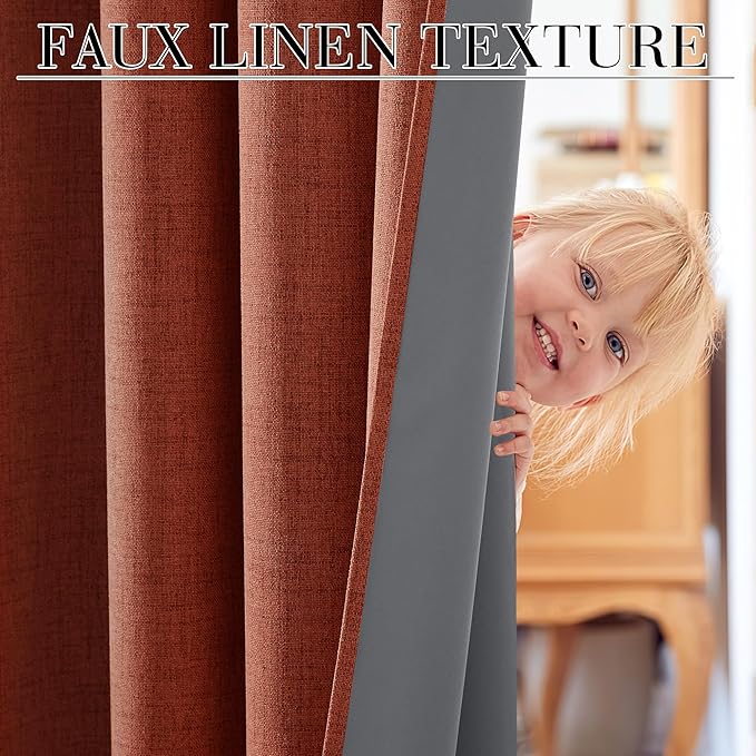 RYB HOME 100% Blackout Linen Textured Curtains 96 inches Long, Insulating Privacy Energy Saving for Bedroom Living Room Window Office Theater Dining Nursery, W 52 x L 96 in, Terracotta, 2 Panels