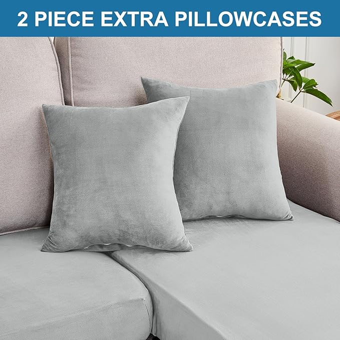 Couch Cover 6-Piece Elastic Velvet Couch Cushion Covers & Chaise Slipcovers for L-Shaped Sofas - Sofa Seat Covers Washable, Soft Protector for Couches (5 Seater + Chaise, Light Grey)