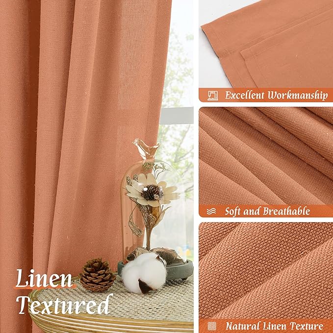 LAMIT Terracotta Linen Curtains 72 inches Long for Living Room, Soft Thick Semi Sheer Light Filtering Rod Pocket Window Treatments Fall Decor Drapes for Bedroom, 2 Panels Set, 52 x 72 Inch