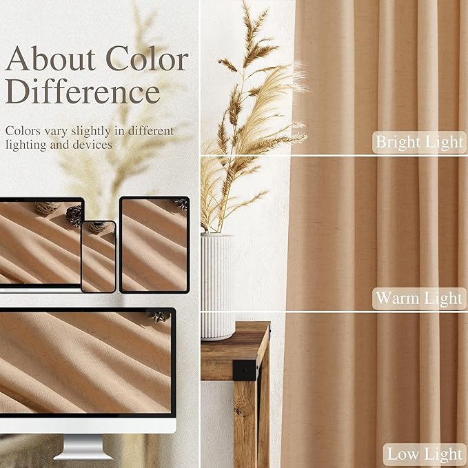 Nanspring Camel Linen Curtains 2 Panels Set for Living Room Back Tab Rod Pocket Window Drapes Light Filtering Semi Sheer Elegant Farmhouse Curtain 100 Inches Long for Dining Room Bedroom 52x100