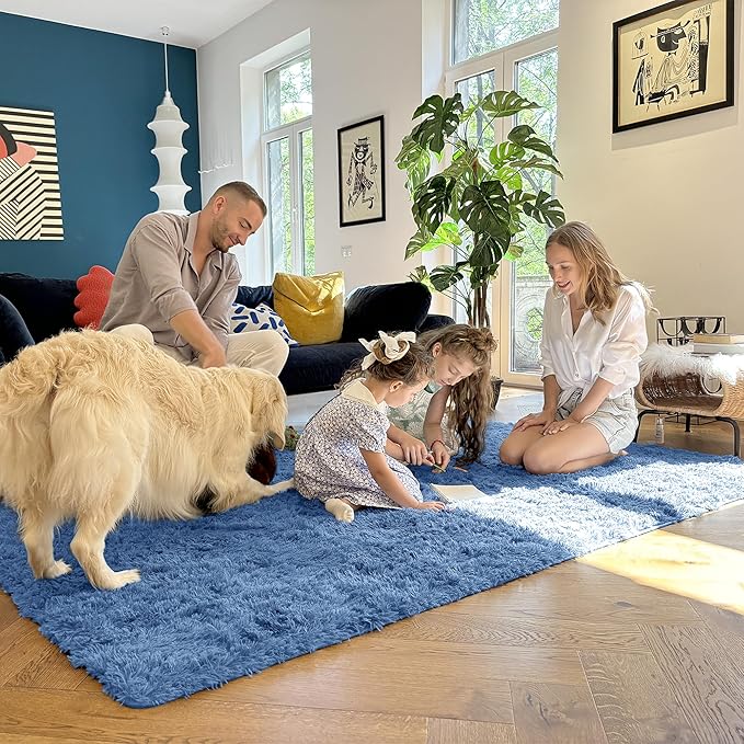 OLANLY Area Rugs for Living Room Bedroom, Machine Washable 4x5.9 ft Soft Fluffy Shaggy Bedside Rug, Indoor Floor Carpet for Kids Girls and Boys, Dorms, Nursery Rooms, Home Decor Aesthetic, Blue