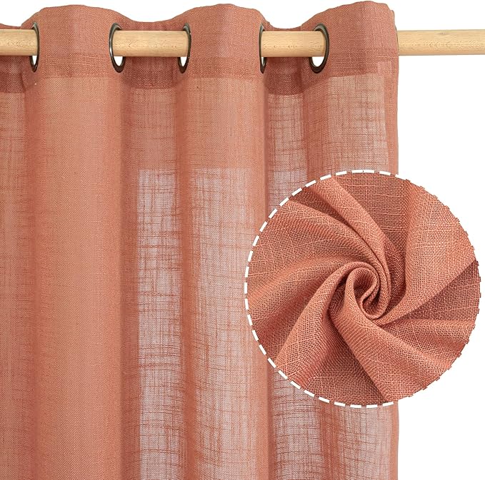 LAMIT Terracotta Linen Sheer Curtains 80 Inch Length for Living Room, Rustic Boho Window Drapes Bronze Grommet Light Filtering Panels for Bedroom/Farmhouse Fall Decor, 2 Panels, 52 x 80 Inch