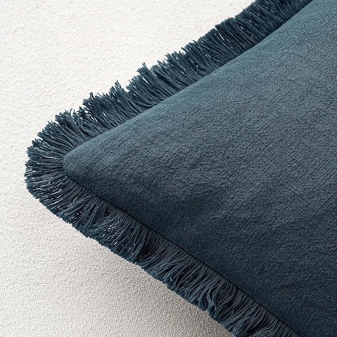 MIULEE Decorative Throw Pillow Covers Neutral Linen Fringe Throw Pillows Set of 2 Navy Blue Boho Farmhouse Cushion Covers with Tassels for Couch Sofa Bed Living Room Spring Home Decor 18x18 Inch
