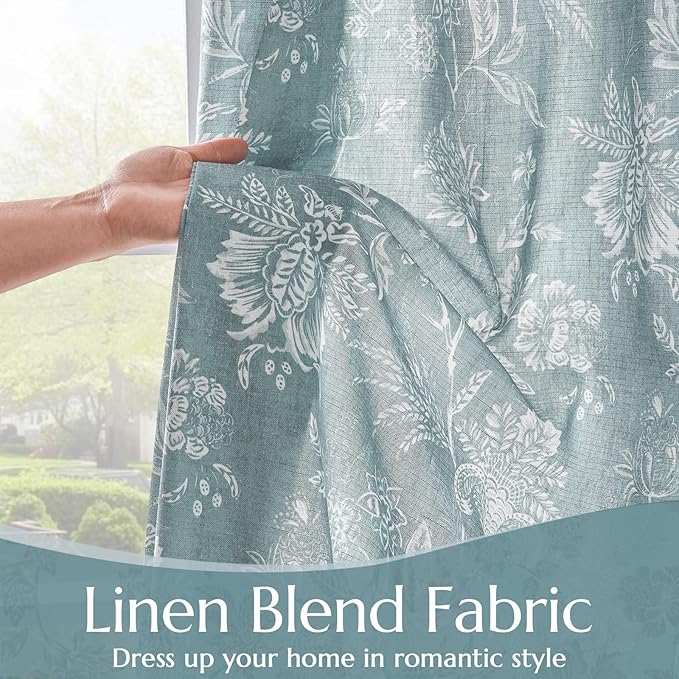 jinchan Linen Floral Curtains for Living Room, 63 Inch Length Curtains with Printed Flower Light Filtering Curtain, Rod Pocket Back Tab Blue Window Treatment Set Bedroom Curtain, 2 Panels Blue
