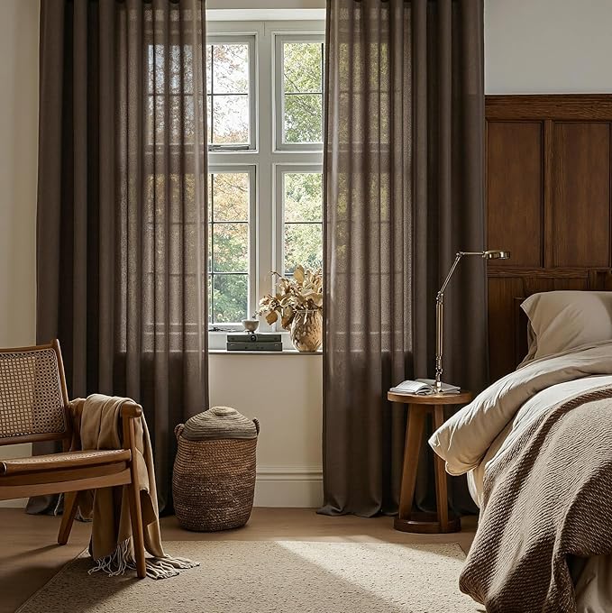 MYSKY HOME Dark Brown Curtains for Beroom Liivng Room 84 Inch Length 2 Panels Set, Semi Sheer Soft Touch Light Filtering Drapes for Sliding Glass Door Farmhouse Boho Curtain, 50" Wide, 2 PCs