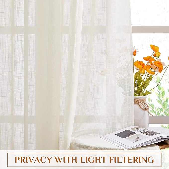 NICETOWN Linen Sheer Curtains and Drapes for Living Room, Rod Pocket & Back Tab Semitransparent with Light Through Vertical Window Treatments for Sliding Glass Door, Natural, W52 x L84, Set of 2