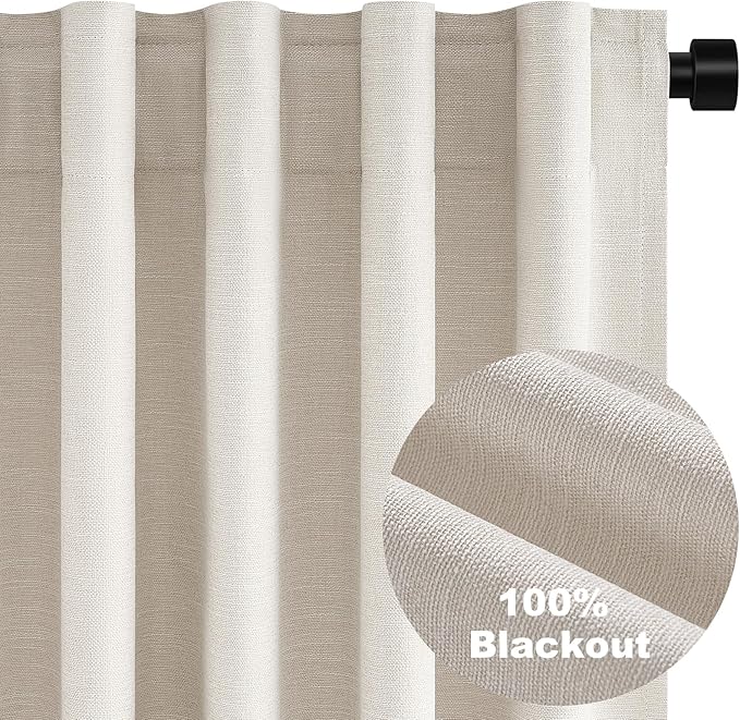 Extra Wide 100 Inch Length Blackout Curtains & Drapes 96 Inches Long 2 Panels Set for Sliding Glass Doors Modern Pleated Linen Blend Heavy Floor to Ceiling Large Window Drapes(100"Wx96"Lx 2 Birch)