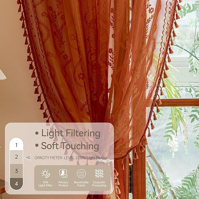 WAZZIO Boho Lace Curtains 63 Inch 2 Panels-Vintage Sheer Panel Drape Floral Pattern & Tassel Light Filtering Privacy for Bedroom Dining Living Room,Cottage Earthy Full Decor Terracotta,W52 x 63L