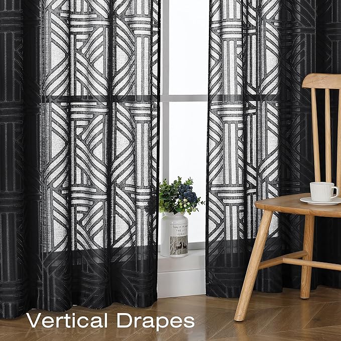 Simplebrand Black Semi Sheer Curtains 96 Inches Long 2 Panels, Light Filtering Geometric Jacquard Clip Textured Sheer Curtains for Living Room，Modern Elegant Window Curtains Drapes，42x96 inch