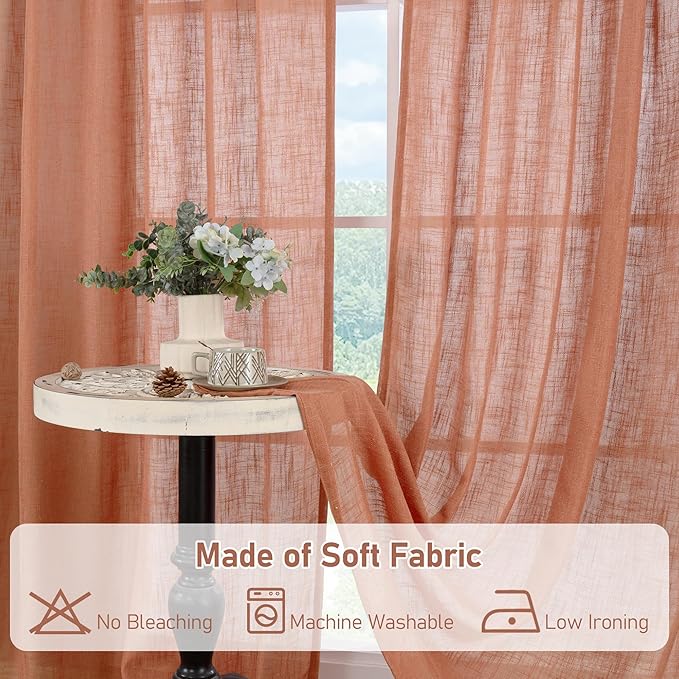 LAMIT 60 Inch Length Window Linen Curtains, Light Filtering Panels Back Tab and Rod Pocket Neutral Drapes for Bedroom/Living Room, Terracotta, 2 Panels, 34 x 60 Inch