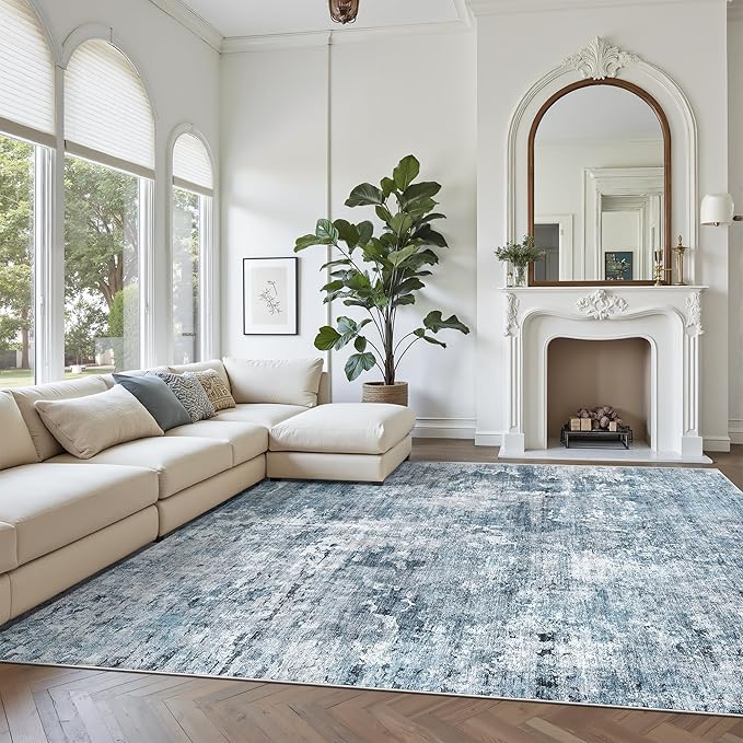 Abstract Rug 8x10 Large Living Room Rugs Neutral Modern Washable Area Rugs for Bedroom Dining Room Non-Slip Stain Resistant Foldable Thin Blue