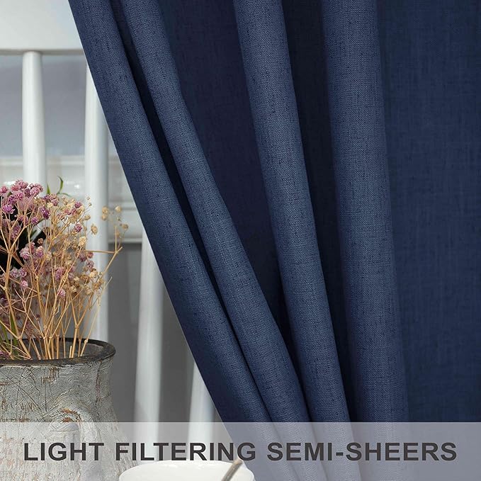 Pitalk 60 Inch Wide Curtains for Living Room 2 Panel Back Tab Pocket Drape Semi Sheer Linen Extra Large Navy Blue Curtain for Home Office Hotel Flat Family Sunroom Width 5 x 9 FT Long 60x108 Dark Blue