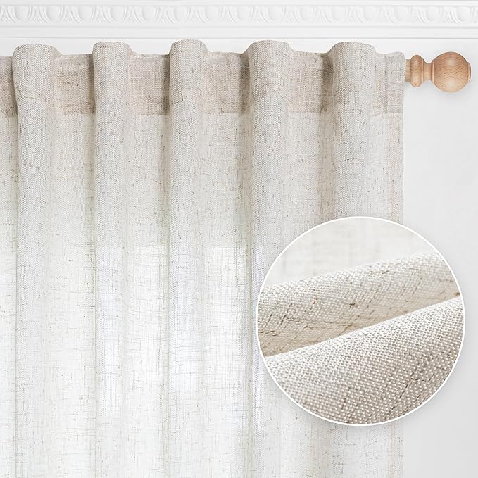 MYSKY HOME Linen Curtains for Living Room, Natural Semi Sheer Curtains & Drapes 80 inches Length 2 Panels Set Farmhouse Country Boho Style Back Tab Draperies for Sliding Glass Door, 50" Wide, Linen