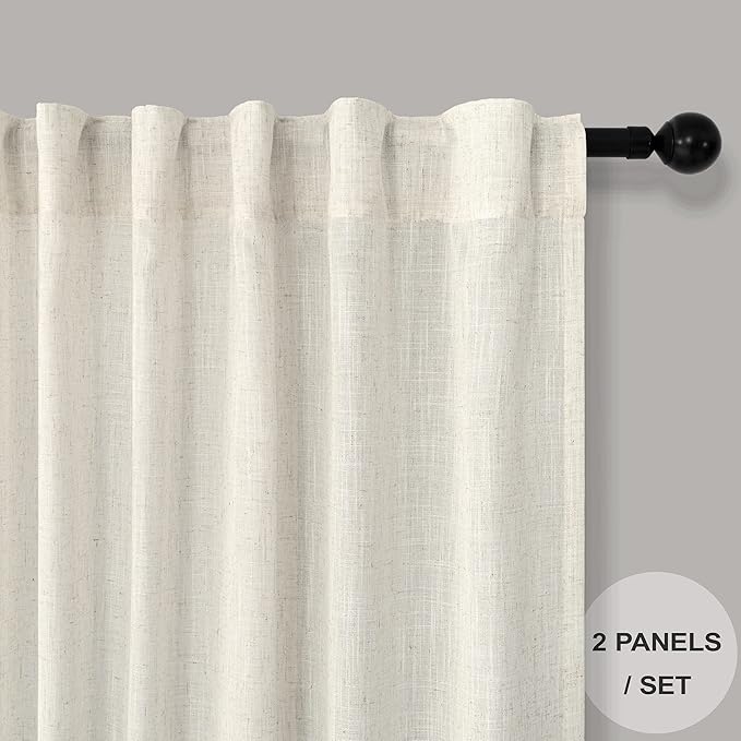 Pitalk 42 Inch Wide by 108 Inch Curtain for Living Room Patio Sliding Door 2 Panel Back Tab Pocket Semi Sheer Linen Pleated Drape for Balcony Terrace Farm House Cottage Core Decor 9 Feet Long 42 x 108