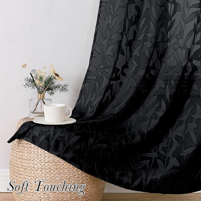 Lecloud Leia Black Sheer Curtains 72 Inches Long 2 Panels, Jacquard Leaf Textured Light Filtering Bedroom Curtains, Rod Pockets Airy Voile Drapes for Living Room Dining Room, Each Panel 42" W x 72" L