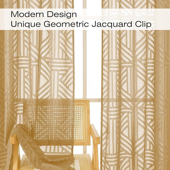 Simplebrand Semi Sheer Gold Curtains 36 Inch Length 2 Panels, Geometric Jacquard Clip Textured Short Sheer Curtains for Bedroom，Modern Elegant Window Curtains Panels/Drapes/Treatment，30x36 inch