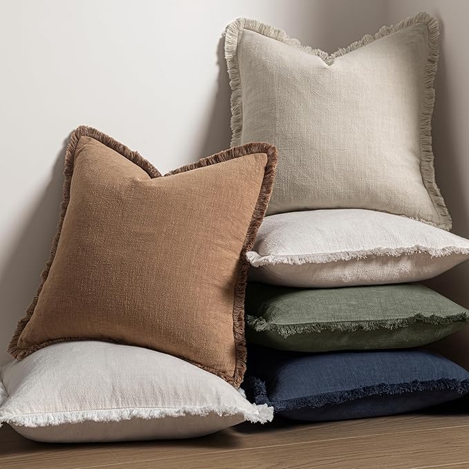 MIULEE Decorative Throw Pillow Covers Neutral Linen Fringe Throw Pillows Euro Shams Set of 2 Brown Boho Farmhouse Cushion Covers for Couch Sofa Bed Living Room Spring Home Decor 24x24 Inch