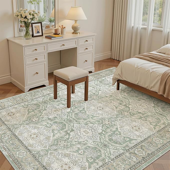 Soalmost 5x7 Area Rugs Green/Brown Low Pile Indoor Washable Trendy Faded Style Rugs for Bedroom Living Room Dining Room Foldable Non-Slip Thin Print Home Office Mat