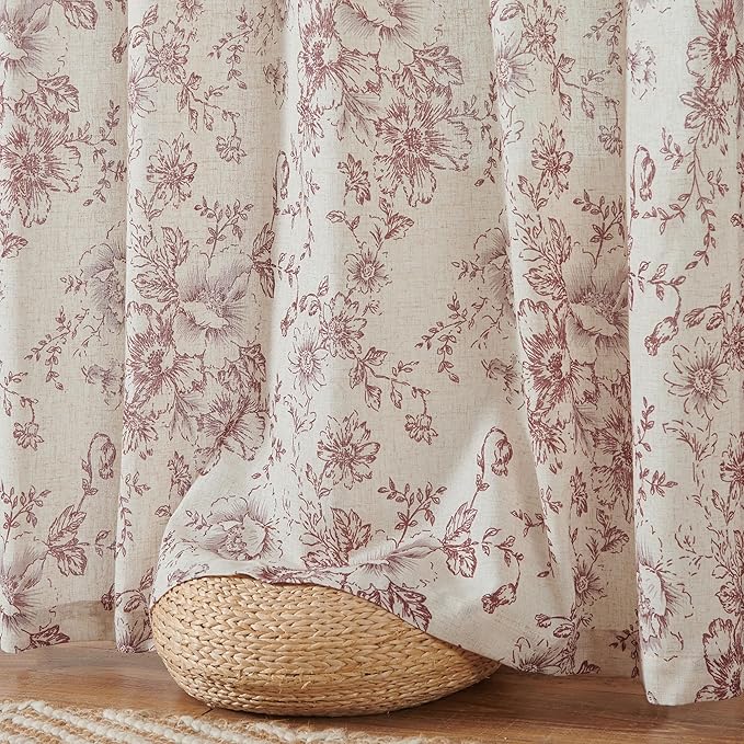 jinchan Linen Blend Curtain Floral Curtains for Living Room 96 Inch Length Farmhouse Brick Red Printed Curtain Rod Pocket Back Tab Peony Flower Patterned Drapes Curtains Set 2 Panels