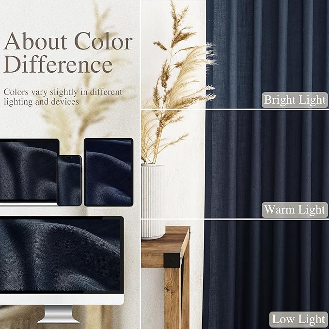 Navy Blue Curtains 84 inch Length for Bedroom Back Tab Rod Pocket Modern Nautical Farmhouse Decor Slub Linen Textured Dark Blue Semi Sheer Window Curtains 2 Panels Set for Dining Room Office Indigo
