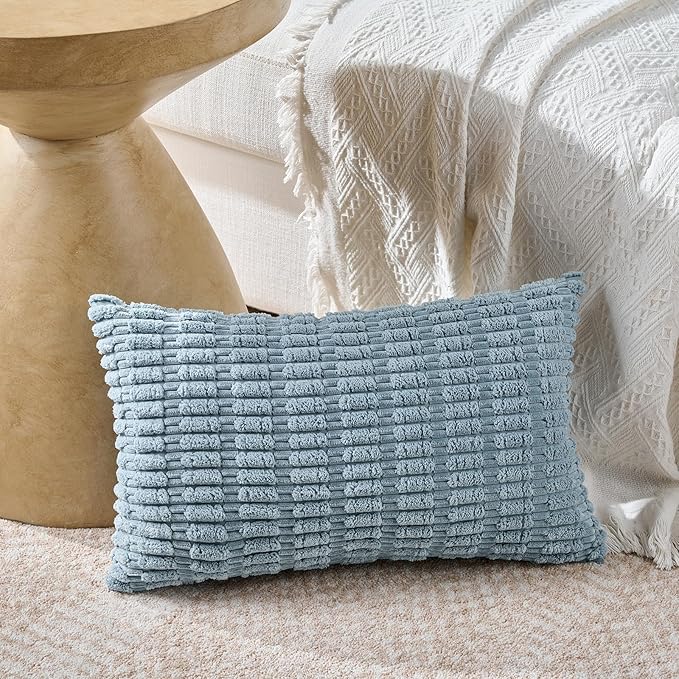 Fancy Homi 4 Packs Boho Light Blue Decorative Throw Pillow Covers 12x20 Inch for Couch Bed Sofa, Rustic Modern Farmhouse Home Decor, Soft Plush Corduroy Cute Rectangle Cushion Case 30x50 cm