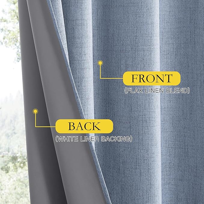 NICETOWN Stone Blue Vintage Linen 100% Blackout Curtains for Living Room, Thermal Insulated Curtains 120" Long, Noise Reducing Window Treatment Drapes for Hall Room, 52" Wide Per Panel, Set of 2