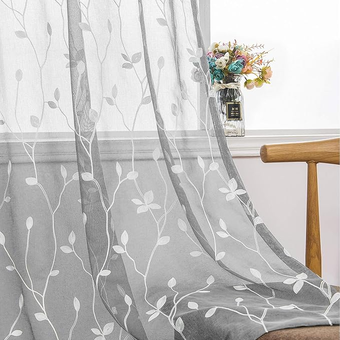 AmHoo 2 Panels Embroidered Leaf Pattern Semi Sheer Curtains Foliage Floral Voile Window Draperies Treatment for Bedroom Living Room Rod Pocket Light Gray 53 x 63 Inch
