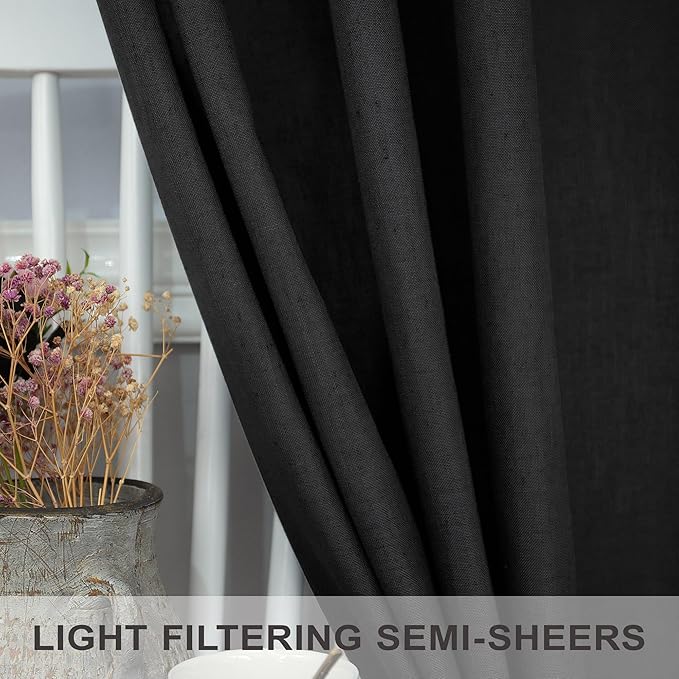 Pitalk Black Linen Sheer Curtains 72 Inch Length for Bedroom Man Cave 2 Panel Back Tab Pocket Light Filtering Semi Privacy Modern Industrial Farmhouse Curtains for Living Room Gothic Decor 52x72 Long