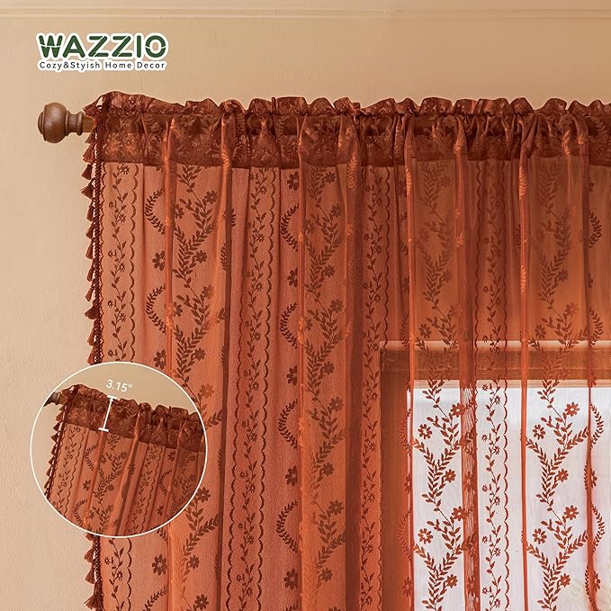 WAZZIO Boho Lace Curtains 72 Inch 2 Panels-Vintage Sheer Panel Drape Floral Pattern & Tassel Light Filtering Privacy for Bedroom Dining Living Room,Cottage Earthy Full Decor Terracotta,W52 x 72L