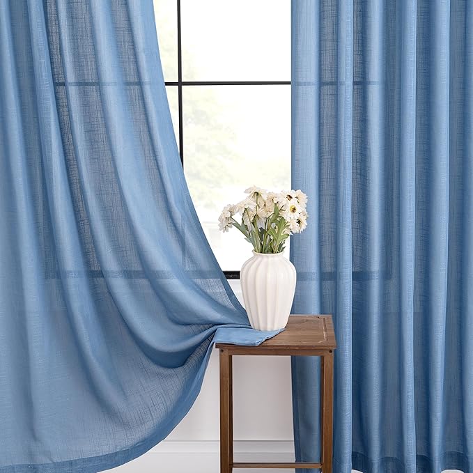 Denim Blue Curtains for Living Room Back Tab Modern Farmhouse Semi Sheer Blue Curtains 90 inches Long 2 Panels Set Muted Neutral Window Curtain for Dining Room Bedroom 52x90