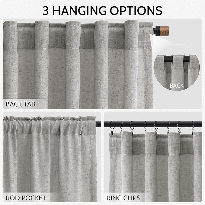 Nanspring Light Gray Linen Curtains 96 Inches Long for Living Room Light Filtering Semi Sheer Curtain Back Tab Rod Pocket Textured Luxury Grey Simple Modern Drapes for Bedroom 52x96, 2 Panels