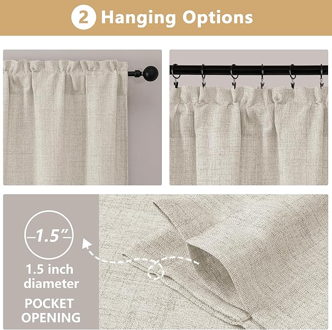 OVZME Natural Valance for Windows, Light Filtering Faux Linen Textured Small Short Valance Kitchen Curtain, Dual Rod Pocket Top Short Window Curtain for Bathroom Basement Farmhouse, 1 Piece, 60Wx16L