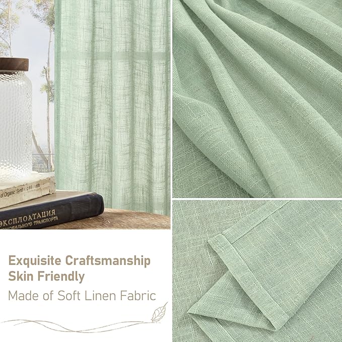 LAMIT Linen Curtains 30 Inch Length for Cafe, Semi Sheer Light Filtering Panels Back Tab and Rod Pocket Neutral Drapes for Basement/Window/Loft Room, Fresh Green, 2 Panels, 34 x 30 Inch