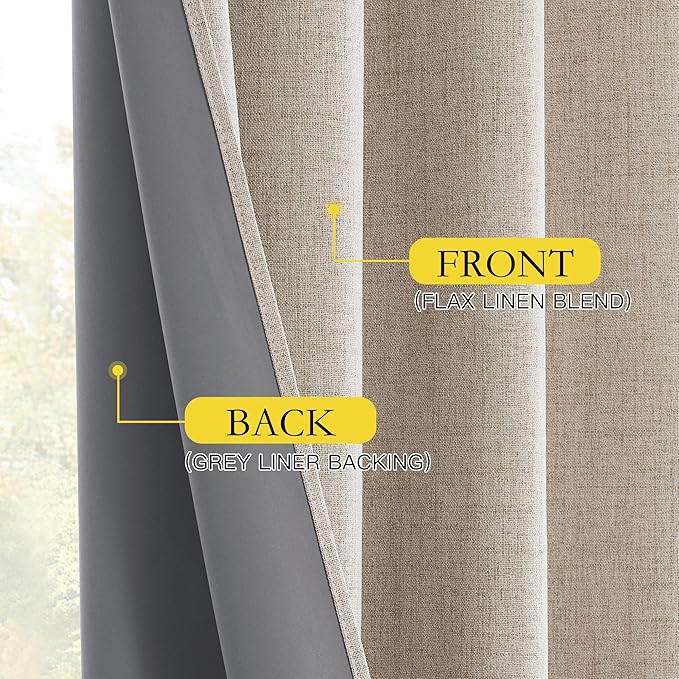 NICETOWN Farmhouse Style 100% Blackout Oatmeal Linen Curtains 90 inches Length, 2 Panels, 52" W, Room Cooling Window Draperies with Thermal Insulated Liners for Dining Room