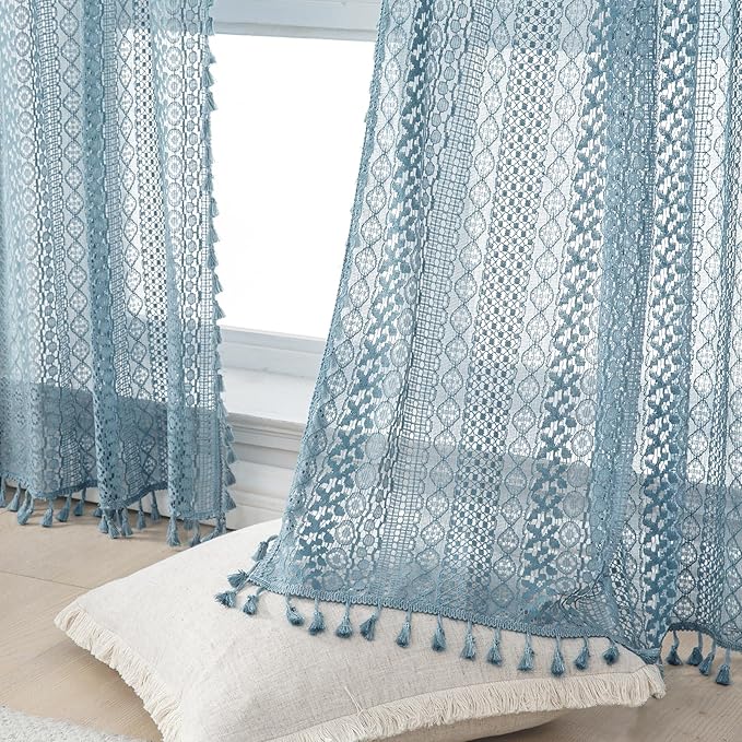 WAZZIO Boho Lace Curtains 63 Inches 2 Panel,Light Filtering Privacy Tassel & Geometry Crochet Semi Sheer Curtain Drapes for Bedroom Living Dining Room,Rod Pocket & Tassel,Light Slate Blue
