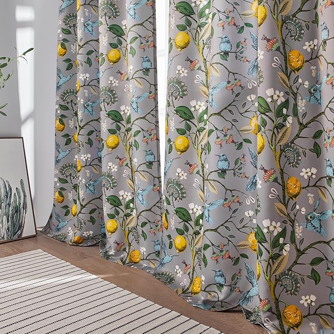 Topfinel 54 Inches Long Short Grey Blackout Curtains for Cafe Kitchen, Grommet Room Darkening Luxury Floral Lemon Hummingbird Patterned Waverly Colorful Drapes for Living Room Bedroom