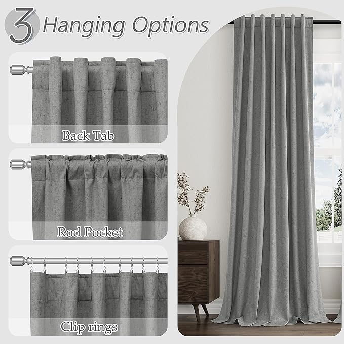 Guken 100% Blackout Linen Curtains 120 Inch Length 2 Panels Set for Living Room Bedroom Back Tab Thermal Insulated Black Out Linen Drapes Room Darkening Window Curtains,Dark Grey