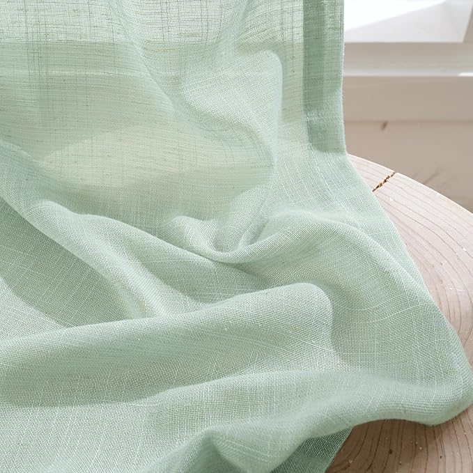 BGment Light Green Linen Semi Sheer Curtains 84 Inches Long for Living Room - Spring Boho Sage Drapes Light Filtering Window Treatments Decor with Rod Pocket for Dining Bedroom, 2 Panels, 52 X 84 Inch