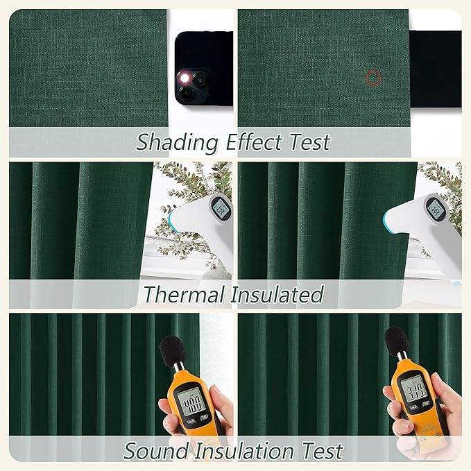 Guken Dark Green 100% Blackout Curtains 96 Inch Length 2 Panels Set for Living Room Bedroom Back Tab Thermal Insulated Black Out Linen Drapes Decor 52x96 Long