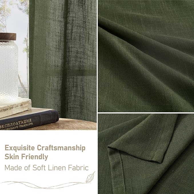 LAMIT Kitchen Semi Sheer Linen Curtains 24 Inch Long, Light Filtering Panels Back Tab and Rod Pocket Neutral Drapes for Cafe/Bathroom/Small Window, Olive Green, 2 Panels, 34 x 24 Inch