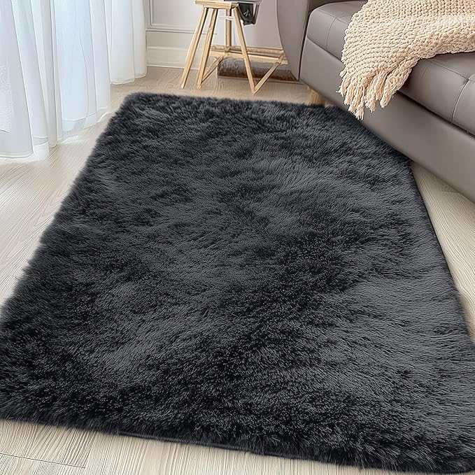 OLANLY 3x4 Machine Washable Accent Rug, Soft Fluffy Shaggy Area Rug for Bedroom, Living Room, Indoor Floor Carpet for Kids, Nursery, Home Decor, Black
