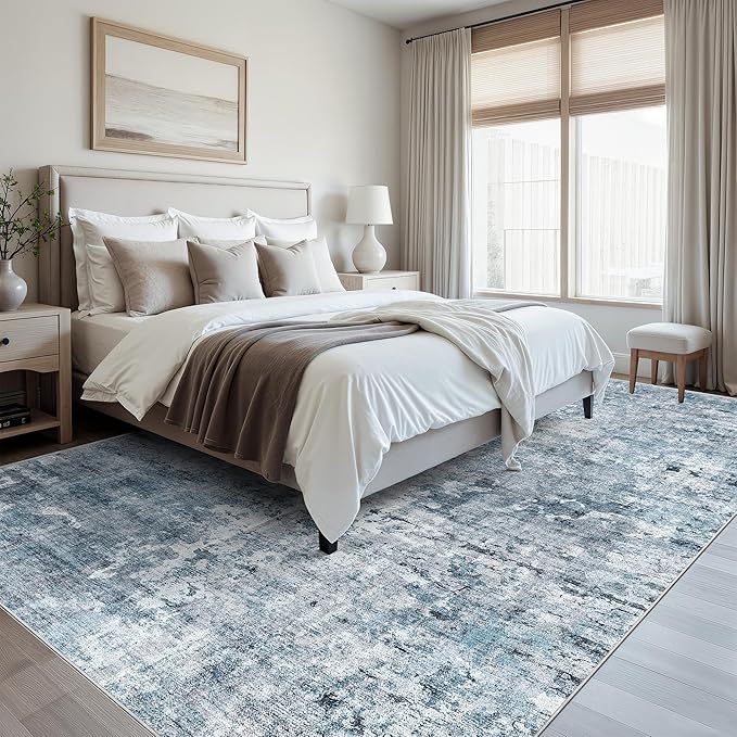 9x12 Area Rugs for Living Room, Abstract Non Slip Machine Washable Vintage Rugs, Low Pile Lightweight Large Rug for Bedroom, Dining Room, Home Office Blue