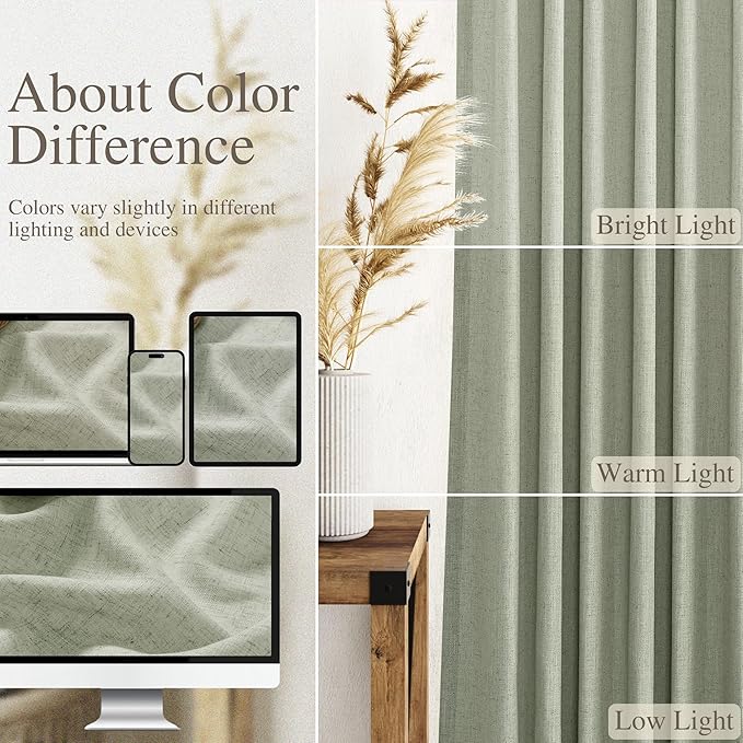 Sage Green Large Window Curtains Light Filtering Semi Sheer Privacy Linen Textured Curtain for Patio Sliding Glass Door Extra Wide Rustic Farmhouse Drapes for Living Room Bedroom Sunroom 100x90 Inch