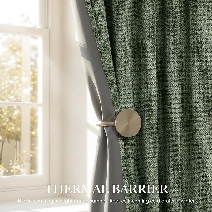 RYB HOME Olive Green 100% Blackout Linen Curtains 84 inches Long, Luxury Thermal Insulated Room Darkening Drapes for Living Room/Bedroom/Sliding Doors, Back Tab&Rod Pocket, W52xL84, 2 Panels