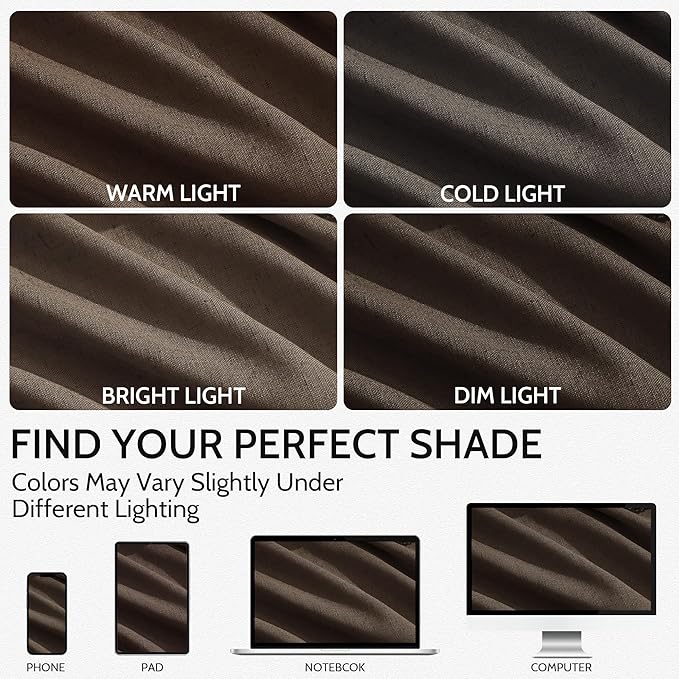 Nanspring Chocolate Linen Blend Light Filtering Back Tab Curtains 96 Inches Long, Semi Sheer Privacy Drapes for Living Room & Bedroom, 52x96 inch, 2 Panels