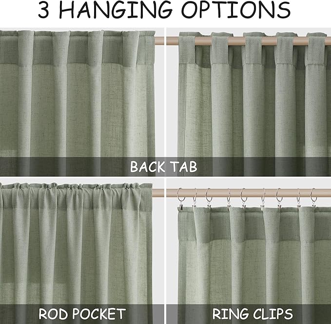 Extra Long Desert Sage Linen Curtains 120 Inch for Living Room 2 Panels Set Rod Pocket Back Tab Light Filtering Semi Sheer Linen Window Drapes Privacy High Ceiling Drapes for Farmhouse 52x120