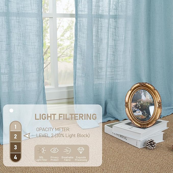 LAMIT Stone Blue Semi Sheer Window Linen Curtains 63 Inch Length, Light Filtering Panels Back Tab and Rod Pocket Country Decor Drapes for Bedroom/Living Room, 2 Panels, 34 x 63 Inch