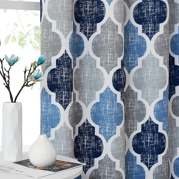 Beauoop 100% Blackout Curtains 90 Inches Long 2 Panels for Bedroom Living Room Blue Grey Moroccan Geo Room Darkening Thermal Insulated Soundproof Grommet Top Window Treatments Drapes, 50x90 Set of 2