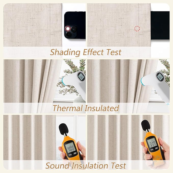 Guken 100% Blackout Linen Curtains 63 Inch Length 2 Panels Set for Living Room Bedroom Back Tab Thermal Insulated Black Out Drapes Room Darkening Farmhouse Style for Bedroom Window Curtains 52x63